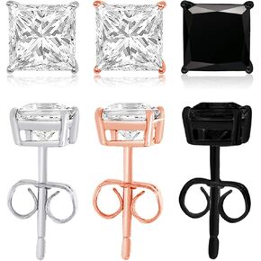 Cubic Zirconia Princess-Cut Solitaire Stud Earrings for Women and Men, Butterfly Push-Back