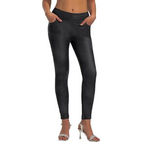 JK SUE JONES Faux Leather Pants for Women Bell Bottoms with Pockets Shiny Pleather Leggings Sexy High Waisted Tummy Control