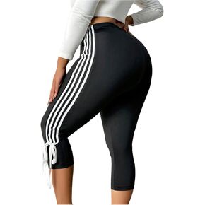 MakeMeChic Women's Plus Size Striped Bow Elastic Waist Capris Leggings Stretch Workout Pants