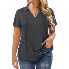 Plus-Size-Summer-Tops for Women Casual Collared V Neck Polo Shirts Business Pleated Tunics Trendy Short Sleeve Blouses
