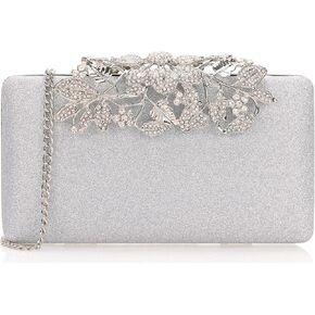 Dexmay Glitter Clutch Bag with Crystal Floral Clasp Women Evening Handbag Formal Party Purse Silver