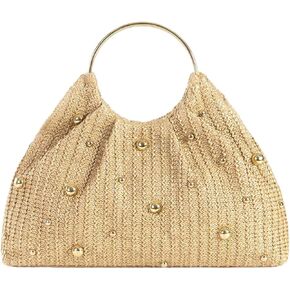 Makemechic Women's Straw Hand Handbag Ruched Circle Handle Base Bag Base Presh