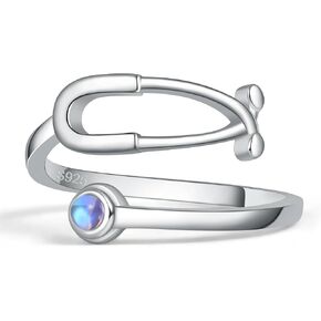 BEILIN Stethoscope Moonstone Rings for Women Sterling Silver Adjustable Heartbeat Jewelry for Doctor Nurse Medical Student RN Nurse Gifts