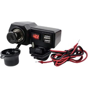 12V 2.1A Motorcycle Dual USB Phone Charger with ON Off Switch & LED Voltmeter & Cigarette Lighter, Motorcycle Handlebar Clamp, Waterproof