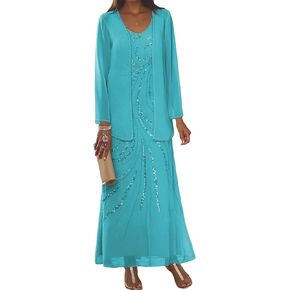 Clothfun Chiffon Long Mother of The Bride Dress 2025 Sequin Wedding Guest Dress with Jacket CY134