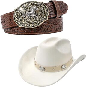 SANSTHS Cowboy Cowgirl Hats + Cowboy Belts for Men Women
