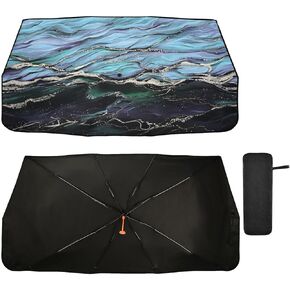 Boccsty Abstract Alcohol Glitter Ink Car Windshield Sun Shade Umbrella Blue Turquoise Marble Foldable Car Front Window Sunshade Umbrella UV & Heat Full Cover Car Front Windshield for Most Vehicle