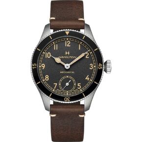 Hamilton Watch Khaki Aviation Pilot Pioneer | Swiss Made | 43mm Stainless Steel Case | Black Dial Analog Watch | Brown Leather Strap (Model: H76719530)