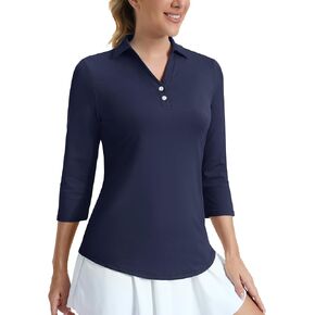 MAGCOMSEN Women's UPF 50+ 3/4 Long Sleeve Polo Shirt Collared V Neck Golf Shirts Quick Dry Casual Work Moisture Wicking