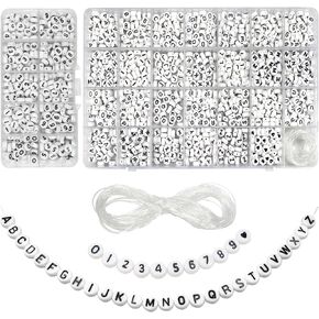 TOAOB 1940pcs Acrylic Alphabet Beads 4x7mm White Round Letter Beads Sorted Letter Heart Number Beads with Elastic String for Bracelets Jewelry Making