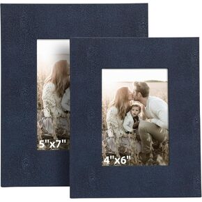 2 Pack Navy Blue Shagreen Faux Leather Picture Frames – 5x7 and 4x6, Elegant Modern Design for Home and Office Decor, Versatile Horizontal and Vertical Placement