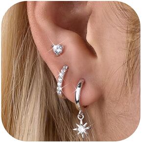 MILACOLATO 3-4 Pairs 925 Sterling Silver Earrings Set for Women 18K Gold Plated Stud Huggie Hoop Earrings Sets for Multiple Piercing Hypoallergenic Small Silver Hoop Earrings Stack for Sensitive Earrings Trendy Dainty Earrings