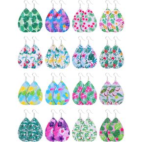 16 Pairs Hawaii Faux Leather Teardrop Earrings Summer Tropical Boho Lightweight Leaf Drop Earrings for Women