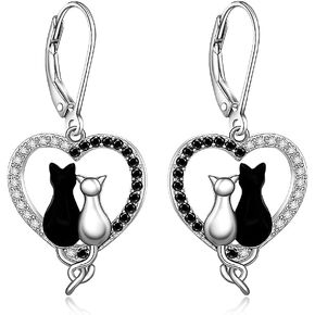Cat Sterling Silver Earrings for Women Animal Cats Earrings Leverback Black and White Dangle Drop Lover Gifts