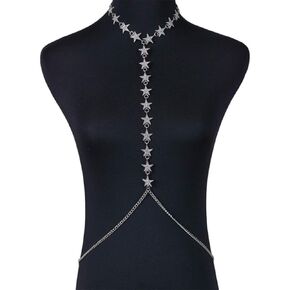 Aimimier Rhinestone Star Bikini Harness Body Chain with Choker Sexy Belly Waist Chain Beach Nightclub Body Jewelry for Women and Girls (Silver)