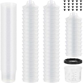 Disposable Paint Sprayer Mixing Cup Kit - 125 Mic Hard Cup (6.7 Oz / 200 Ml) with 50 Cup Liners, 50 Lids, 20 Plugs, and 1 Retainer Ring - Ideal for Traditional and Automotive Spray Guns