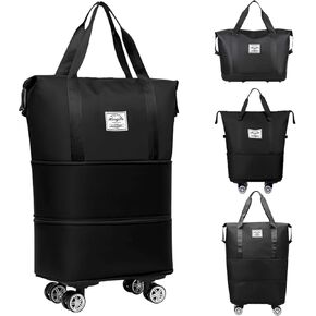 Rolling Duffle Bag with Detachable Wheels Expandable Foldable Duffle Bag for Travel Luggage bag Carry on Weekend Travel Bag (Black)