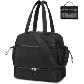 BAGZY Travel Duffel Bag for Women, Lightweight Puffer Gym Bag with Shoe Compartment and Wet Pocket Large for Hospital Weekender Carry on Overnight Bag with Toiletry 32L Black