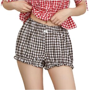 Womens Y2k Ruffle Shorts Gingham Bow Tie Front Lace Trim Lolita Elastic Low Waist Pumpkin Pants Bloomer Shorts