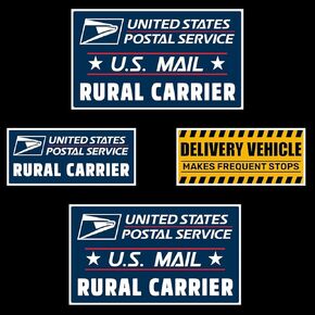 4 PACK Postal Service Rural Carrier Mail Car Magnet | Removable Set of 2 Magnet 12" x 7" + 2 Magnet 9"x4" | Delivery Vehicle Frequent Stops | Doors Magnets for Delivery Car - Delivery Sign for Car
