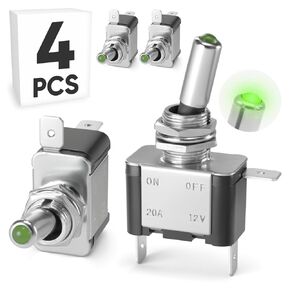 4PCS Automotive Toggle Switch with Red Light ASW-07D, ON/Off SPST 20A 12V DC LED Illuminated Heavy Duty Lighted Rocker Switches for Auto, Racing, Marine, Car, ATV, UTV, Golf Cart, RV, Truck, Boat