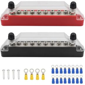 Power Distribution Terminal Block, 150A Battery Bus Bar with Cover, M6 Terminal Studs, M4 Terminal Screws, Negative/Positive Bus Bar Set for Car Boat Marine