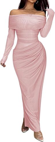 Unybwonn Women Sexy Off Shoulder Mesh Maxi Dress Long Sleeve Ruched Party Formal Stretch Elegant Party Club Long Dresses in Saudi Arabia
