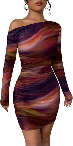 المرأة خارج الكتف OMBRE TIE DYE BODYCON فستان طويل الأكمام in Kuwait