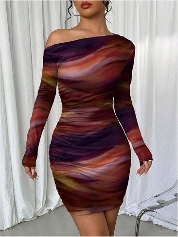 المرأة خارج الكتف OMBRE TIE DYE BODYCON فستان طويل الأكمام in Kuwait