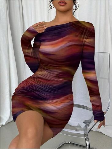 المرأة خارج الكتف OMBRE TIE DYE BODYCON فستان طويل الأكمام in Kuwait