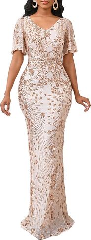 Cololura Women Sexy Elegant Sequin Short Sleeve Party Bodycon Maxi Dress Cocktail Evening Gown Formal Dresses in Kuwait