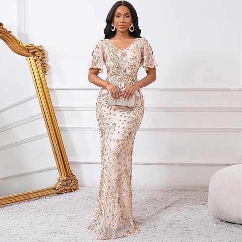 Cololura Women Sexy Elegant Sequin Short Sleeve Party Bodycon Maxi Dress Cocktail Evening Gown Formal Dresses in Kuwait