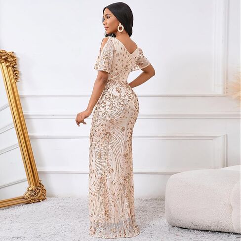 Cololura Women Sexy Elegant Sequin Short Sleeve Party Bodycon Maxi Dress Cocktail Evening Gown Formal Dresses in Kuwait