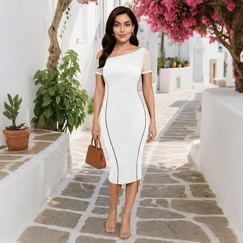 Womens Summer Off Shoulder Midi Bodycon Party Dress Short Sleeve Elegant Mesh Ruched Club Cocktail Dresses in Saudi Arabia
