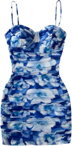 SOLY HUX Women's Summer Floral Corset Dress Spaghetti Strap Ruched Mesh Bodycon Vacation Mini Dresses in Kuwait