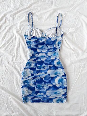 SOLY HUX Women's Summer Floral Corset Dress Spaghetti Strap Ruched Mesh Bodycon Vacation Mini Dresses in Kuwait