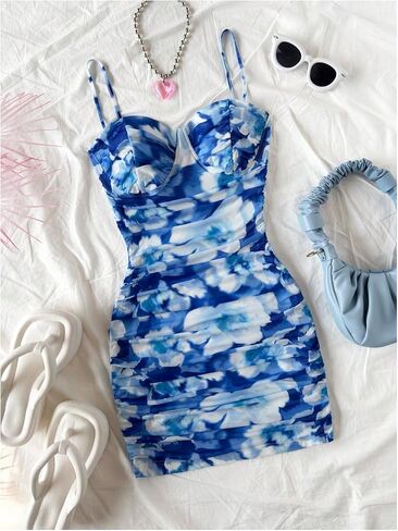 SOLY HUX Women's Summer Floral Corset Dress Spaghetti Strap Ruched Mesh Bodycon Vacation Mini Dresses in Kuwait