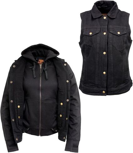 Milwaukee Leather MDL4002 Women's Black Denim 2 in 1 Shirt Style Collar Motorcycle Rider Vest W/Removable Hoodie in Saudi Arabia