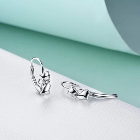 Cat Gifts Earrings Sterling Silver Cute Small Animal Cats Dangle Leverback Jewelry Gifts for women cat Lovers in Kuwait
