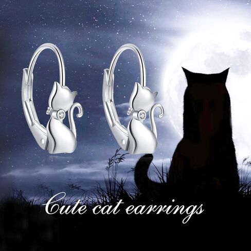 Cat Gifts Earrings Sterling Silver Cute Small Animal Cats Dangle Leverback Jewelry Gifts for women cat Lovers in Kuwait