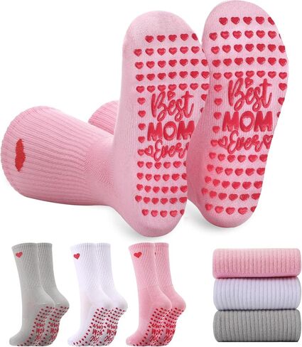 Geyoga 3 Pairs Pilates Socks for Mom Women Gifts Non Slip Yoga Socks with Grips Funny Mother Gifts for Birthday Party in Saudi Arabia