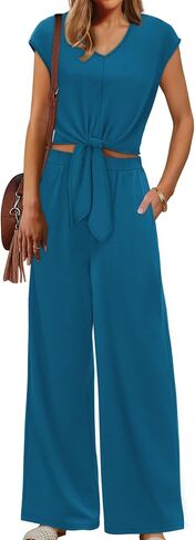 XIEERDUO 2 Piece Sets For Women Summer Outfits 2025 Beach Vacation Clothes Travel Outfits V Neck Crop Tops Wide Leg Pant Sets in Saudi Arabia