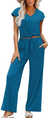 XIEERDUO 2 Piece Sets For Women Summer Outfits 2025 Beach Vacation Clothes Travel Outfits V Neck Crop Tops Wide Leg Pant Sets in Saudi Arabia