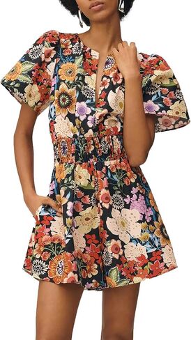 hibshaby Women's Romper Print Short Sleeve Boho Overall Round Neck Wide Leg Outfit Floral Romper Dress in Saudi Arabia