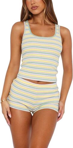 Hafailia Shorts Set Women 2 Piece Outfits - Stripe Casual Y2K Two Pc Sleeveless Tank Crop Tops and Skinny Booty Shorts Sets in Saudi Arabia