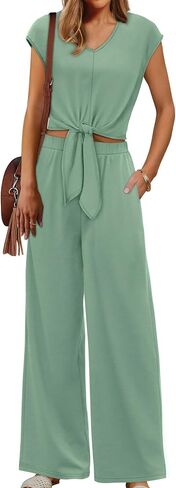 XIEERDUO 2 Piece Sets For Women Summer Outfits 2025 Beach Vacation Clothes Travel Outfits V Neck Crop Tops Wide Leg Pant Sets in Saudi Arabia