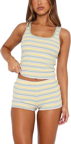 Hafailia Shorts Set Women 2 Piece Outfits - Stripe Casual Y2K Two Pc Sleeveless Tank Crop Tops and Skinny Booty Shorts Sets in Saudi Arabia