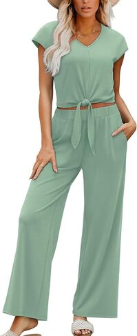 XIEERDUO 2 Piece Sets For Women Summer Outfits 2025 Beach Vacation Clothes Travel Outfits V Neck Crop Tops Wide Leg Pant Sets in Saudi Arabia