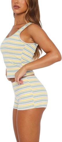 Hafailia Shorts Set Women 2 Piece Outfits - Stripe Casual Y2K Two Pc Sleeveless Tank Crop Tops and Skinny Booty Shorts Sets in Saudi Arabia