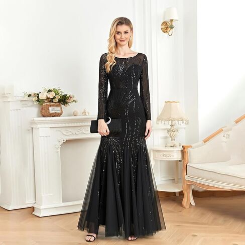 Long Sleeve Sequin Evening Dress Glitter Mermaid Long Gown for Mother of The Bride Or Wedding Guest in Saudi Arabia